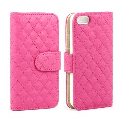 iPhone 5 5S square Flip Leather Wallet Case with Stand (Pink)